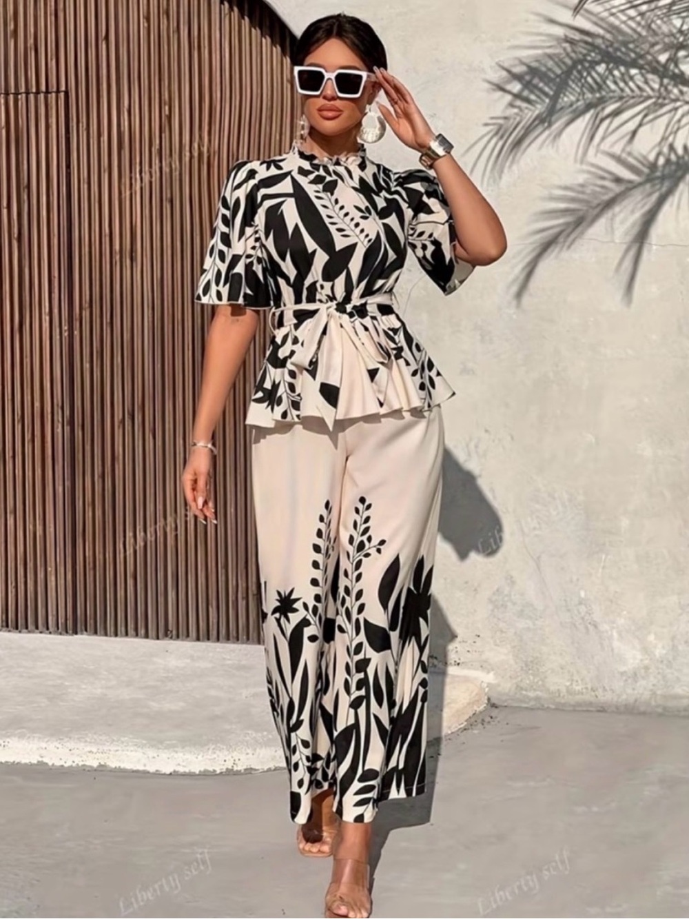 Elegant Black & Cream Printed Wide-Leg Jumpsuit